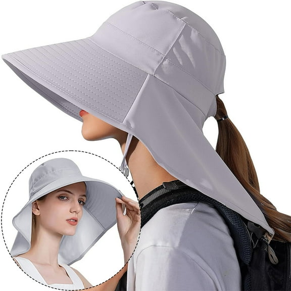 KANCOKIT Women Wide Brim Sun Hat with Neck Cover Flap & Ponytail UV Protection for Fishing Hiking Camping, Gray