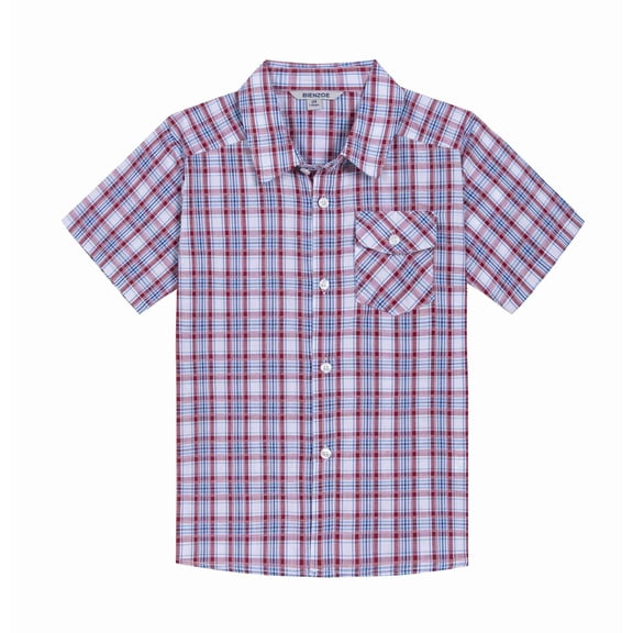 Bienzoe Boy's Cotton Plaid Button Down Short Sleeve Shirt Marine/Dark Red 5/6