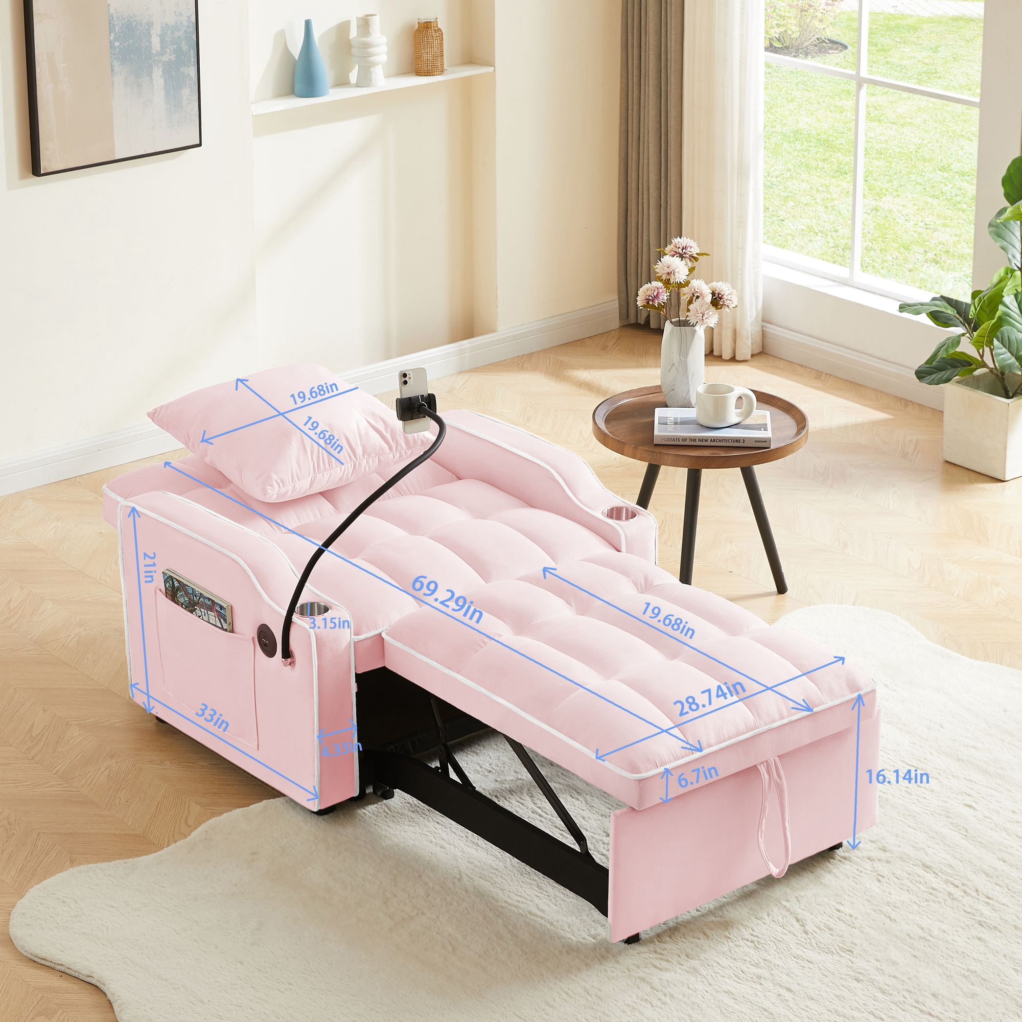 Aukfa Sleeper Chair Bed, Convertible Pull Out Sofa Bed with USB Port, Cup Holders and Swivel Phone Holder, Pink