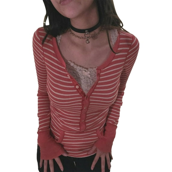 Qmyliery Women Long Sleeve Knit Tops Casual Striped 3/4 Button Pullover Shirt with Pockets for Club Streetwear,S/M/L/XL
