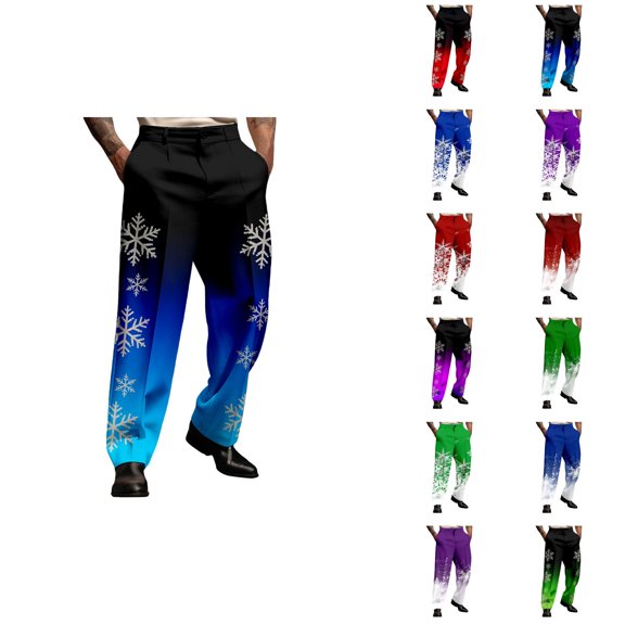 Mens Christmas Dress Pants Gradient Color Festive Snowflake Print Holiday Business Casual Suit Pants