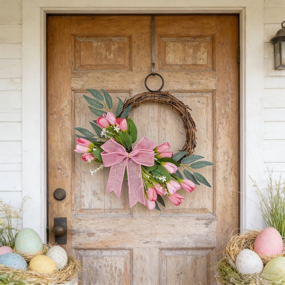 YingYouFu Spring Artificial Tulip Bow Wreath, Home Decoration Door Hanger Ornament, Faux Flower Rattan Wreath for Wall Hanging Front Door Garden Entryway Pink