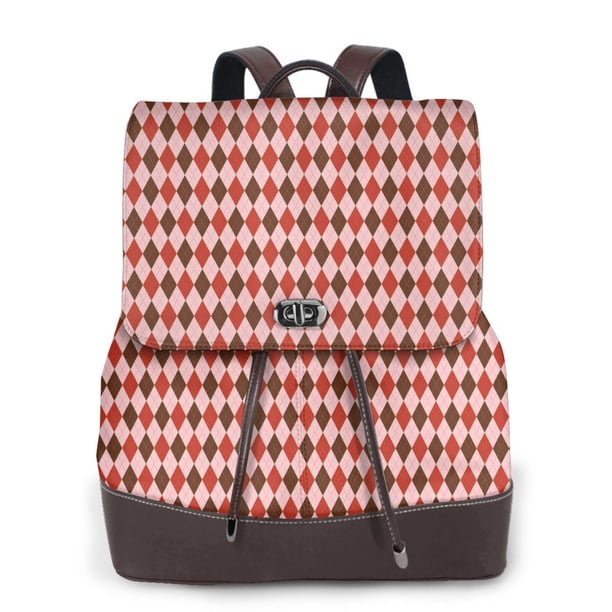Disketp Red and Brown Squares Mochila de Cuero para Mujer, Bolso de Espalda Antirrobo con Estilo para Viaje, Trabajo y Uso Diario