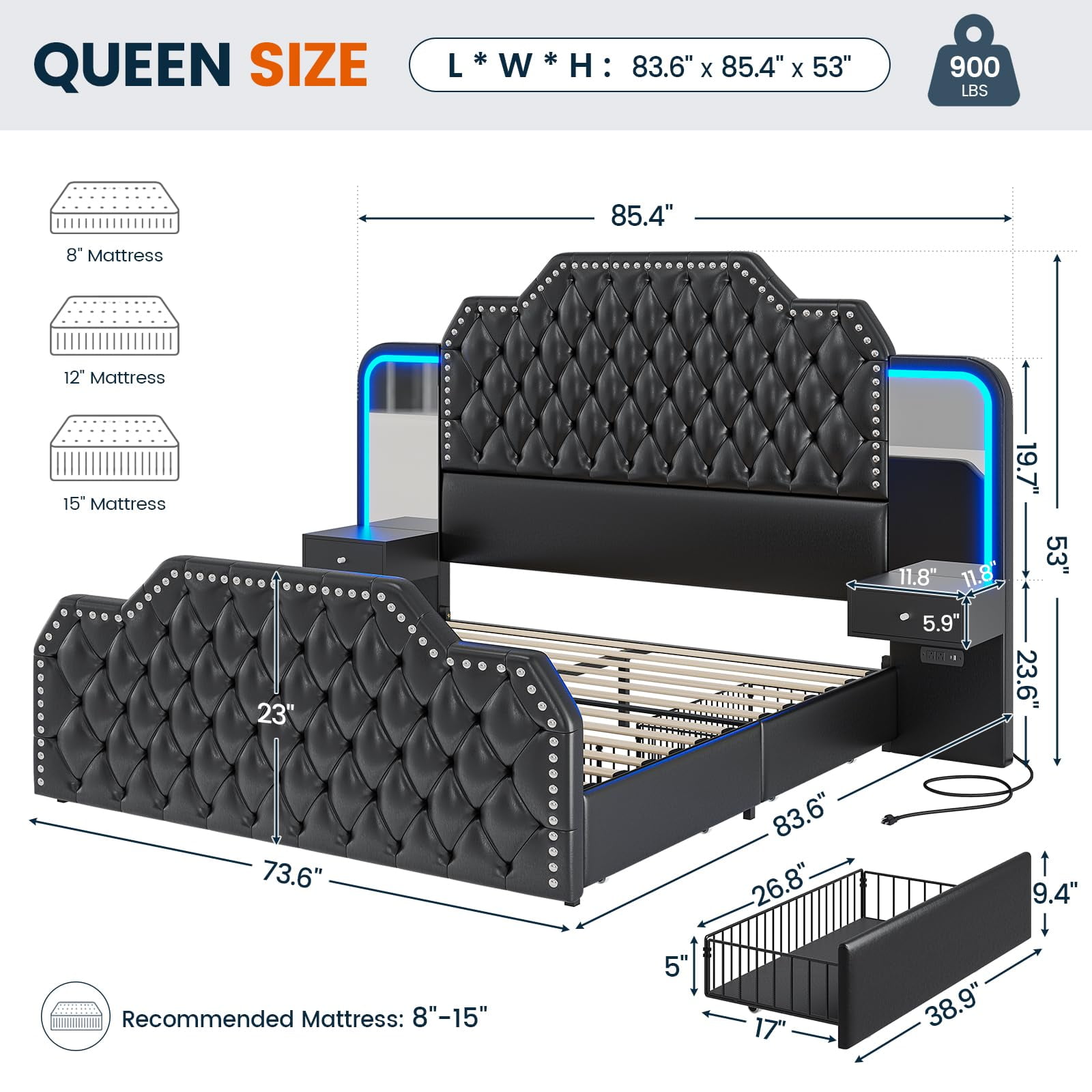Queen Bed Frame with 2 Nighstands, Power Outlets and 4 Drawers, Upholstered Bed with Vanity Tables and Mirrors, Modern Velvet Tufted Platform Bed with Headboard & Footboard, Black