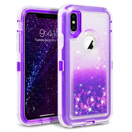 For Apple iPhone XR Tough Defender Sparkling Liquid Glitter Heart Case Cover Purple