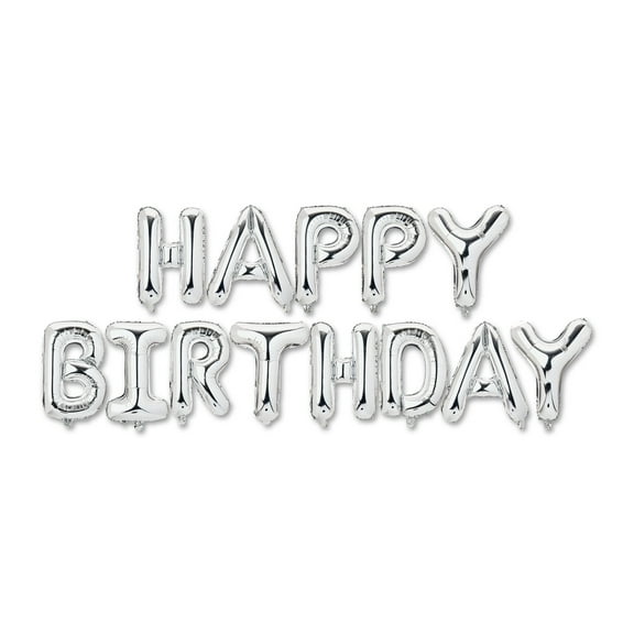 Silver Happy Birthday Air-Filled Balloon Banner, 16 Pieces, by Way To Celebrate