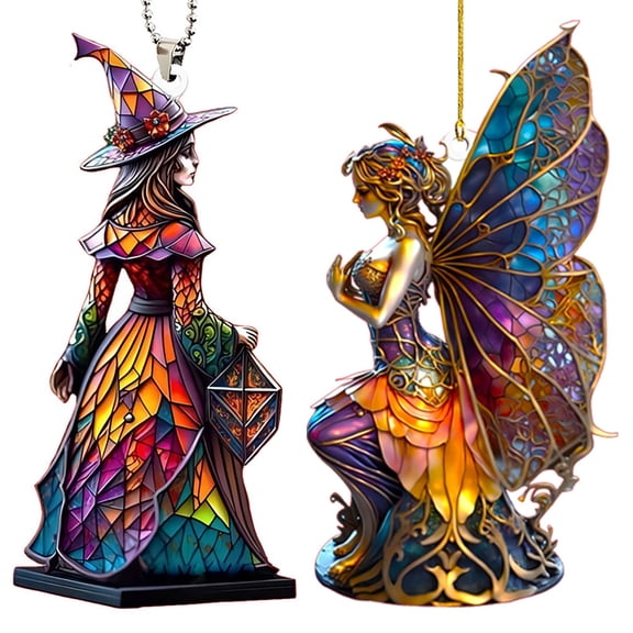 2PCS Fairy Acrylic Suncatcher Hanging Christmas Ornament Stained Glass Effect Window Car Indoor Outdoor Decor Garden Sun Catcher Gifts Cottagecore Decorations for Women Mom Grandma