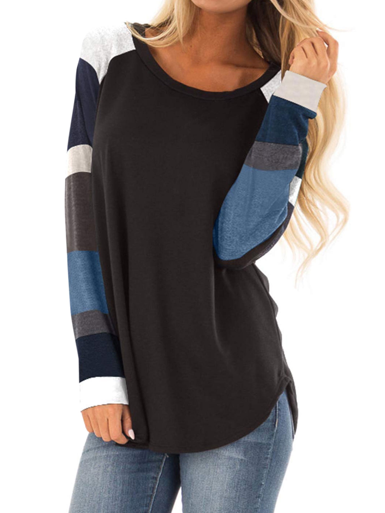 Womens Casual Tops Crewneck Stripe Color Block Tshirts Loose Fit Pullover 