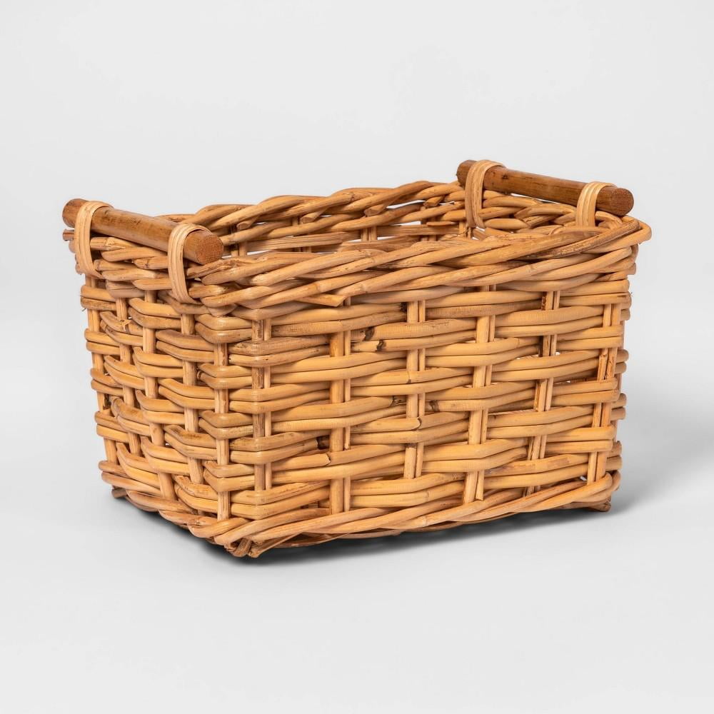 Detailed Red Brown And Tan Looped Woven Basket with Handle Small Collection Storage Decor Wicker Basket
