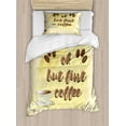thumbnail image 1 of But First Coffee Duvet Cover Set Twin Size, Grunge Print of Coffee Beans Steaming Cup and Brush Strokes, Decorative 2 Piece Bedding Set with 1 Pillow Sham, Pale Yellow Multicolor, by Ambesonne, 1 of 3