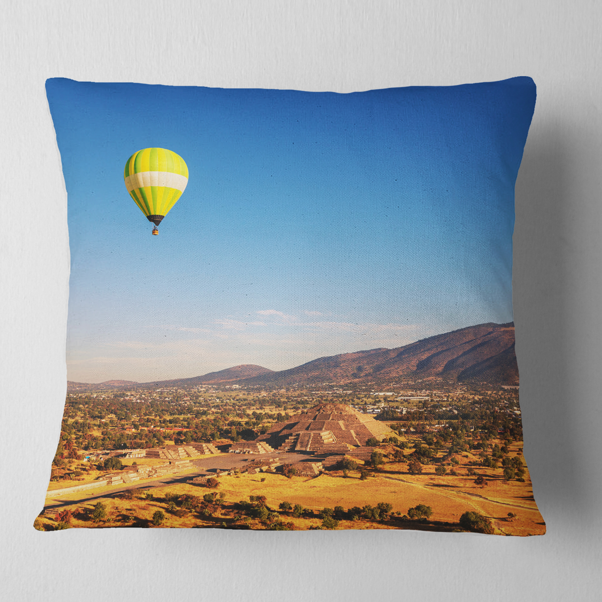 Designart Large Yellow Balloon over Mountains - Landscape Printed Throw Pillow - 18x18