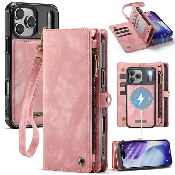 ELEHOLD Multi-Functional Wallet Case for iPhone 18 Pro Max ,Shockproof Leather Card Slots Zipper Purse Magnetic Detachable Phone Cover with Wriststrap,Pink