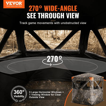 VEVOR Hunting Blind 270° See Through Ground Blind 1-2 Person Pop Up Deer Blind for Hunting with Carrying Bag Portable Resilient Hunting Tent 3 Horizontal Windows for Turkey and Deer Hunting