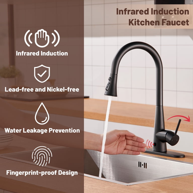 GEOATON Touchless Kitchen Faucet – Dual Motion Sensor, Pull-Down Sprayer, Lead-Free Patent Core, 360° Rotation, Easy DIY Install, Matte Black