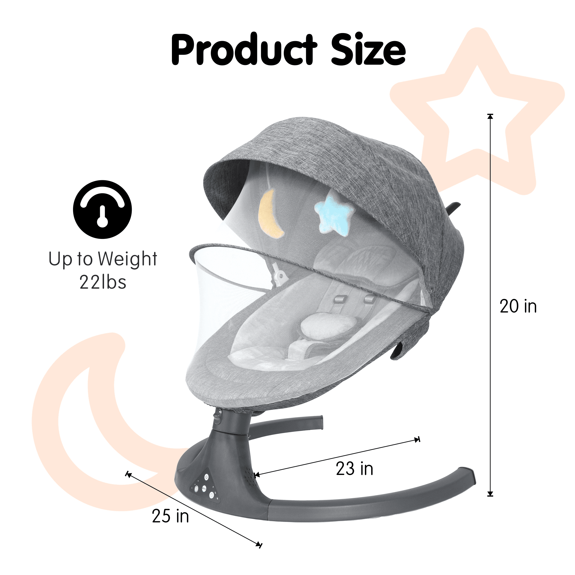 Aprpink 5 in 1 Large Baby Swing Bouncer with Rocking, Mosquito Net&Cute Toys Gray Striped for Toddler, 1 Count