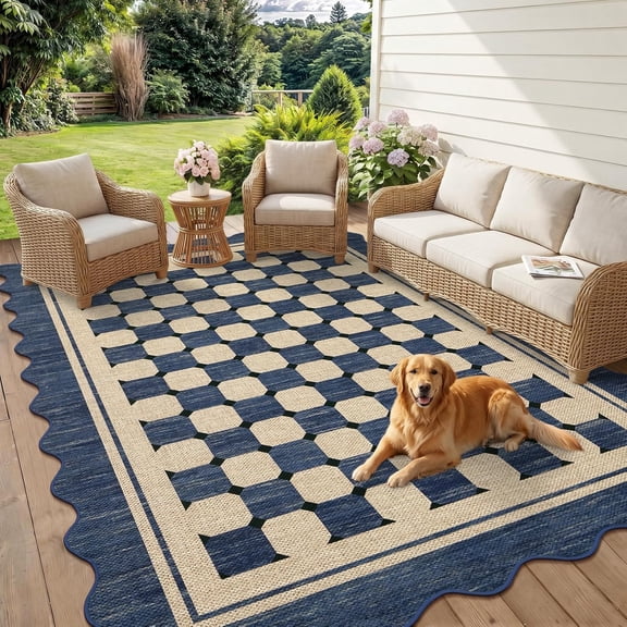 8x10 Washable Area Rug, Non-Slip Scalloped Checkered Design, Modern Farmhouse Indoor Outdoor Rug for Living Room Patio, Navy