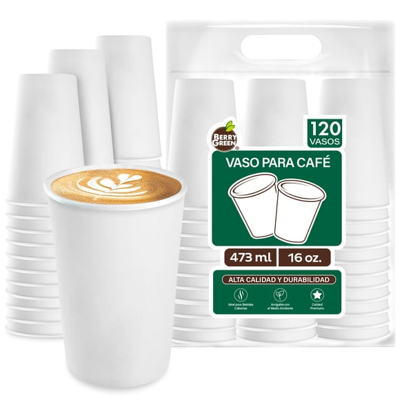 120 Vasos para café de Cartón Blanco 16 oz (473 ml) - Vasos Térmicos para Bebidas Calientes - Paquete de 120 Piezas Biodegradables