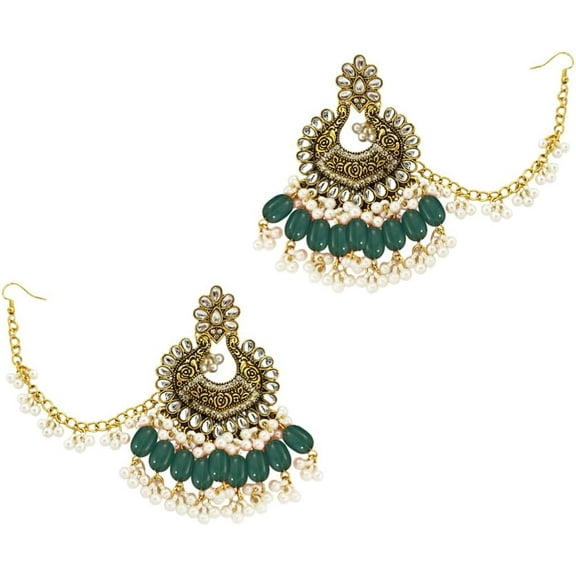 Indian Jhumka Earrings for Women Gold Plated Crystal Boho Tassel Dangle Earring Drop Chandelier Style Traditional Ethnic Gypsy Jewelry Bollywood Party Festival Wedding Hair Accessory