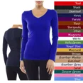 thumbnail image 2 of Plain Long Sleeve V-Neck T-shirts Cotton/Spandex Fitted Tee Junior Size (S-3X), 2 of 3