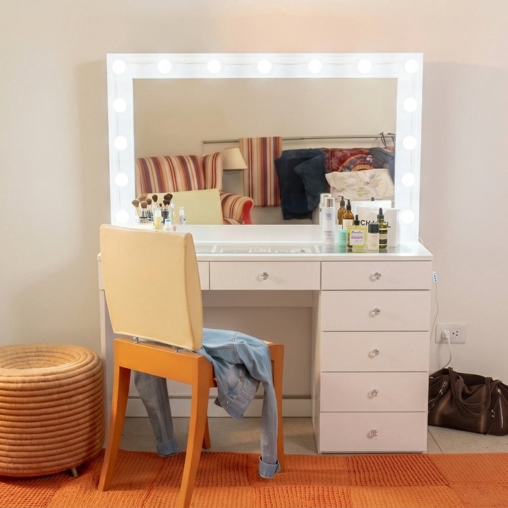 Ember Interiors Get Ready with Me White Makeup Vanity Desk with Glass Top, 7 Drawers, Lighted Mirror & USB/Power