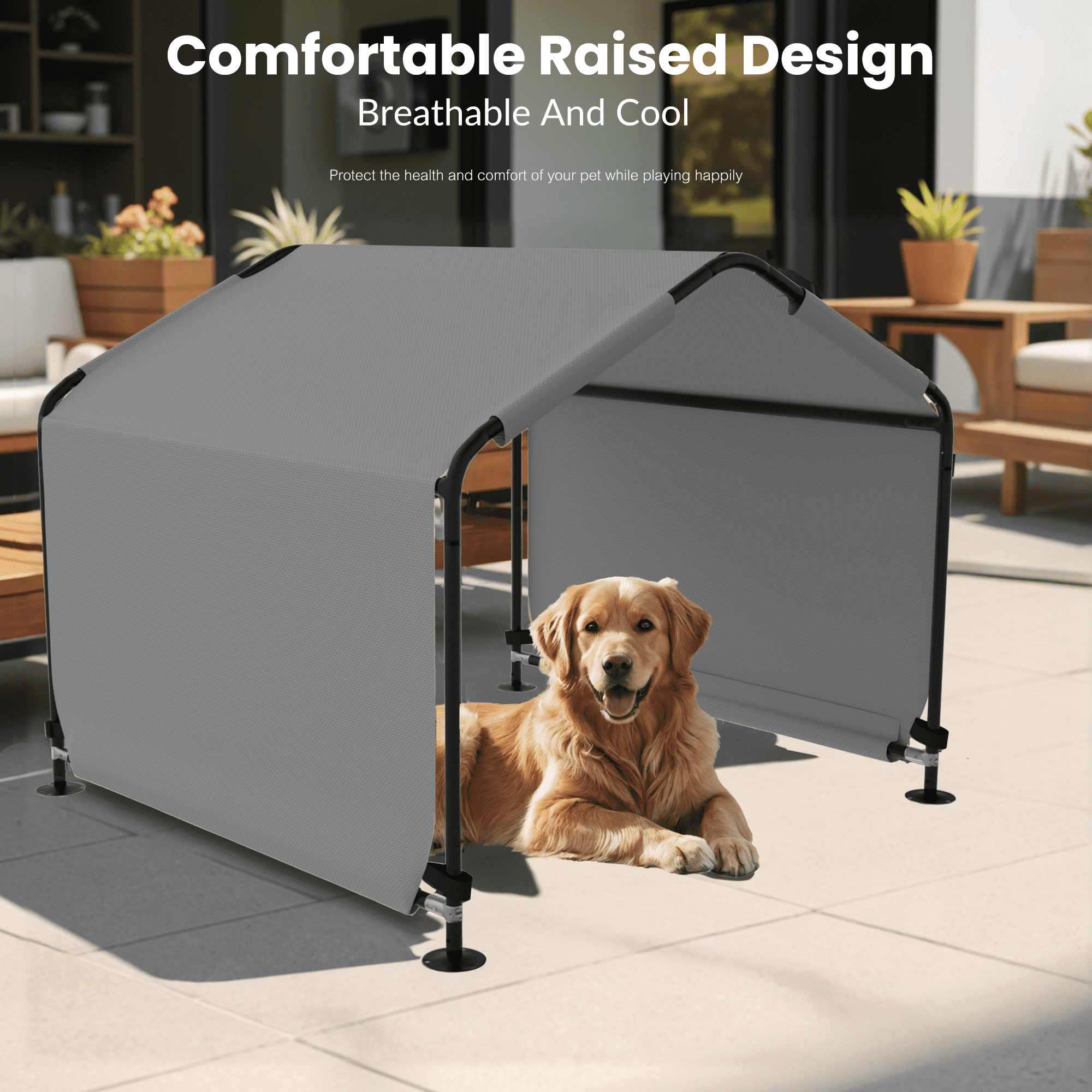 Outdoor Dog Shade Shelter 4'x4'x3' Portable Dog Tent Sun Rain Canopy for Outside Pet House for Large Medium Dogs, Cats, Pigs w/ Waterproof Roof, Ground Nails, Gray