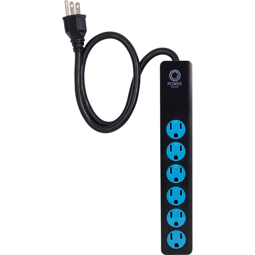 Power Gear Surge 6 Outlet Surge Protector, 2.5 ft Long Cord, Black/Blue