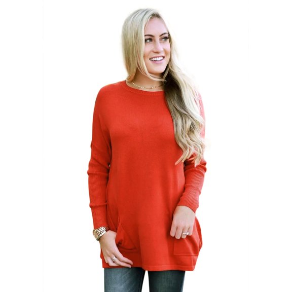 Wenseny Loose Fit Sweater For Women With Pocket Long Sleeve Lightweight Knitted Sweater Red S