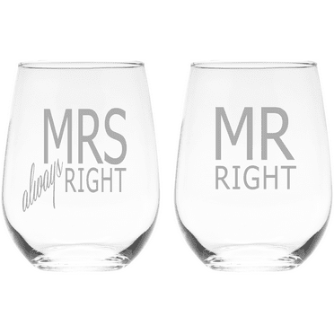 Mr. Right & Mrs always Right Engraved Glass Set Made from Lead-Free Crystal-Clear Glass – Ideal Glass Gift for Anniversaries, Newlyweds, (set of 2)