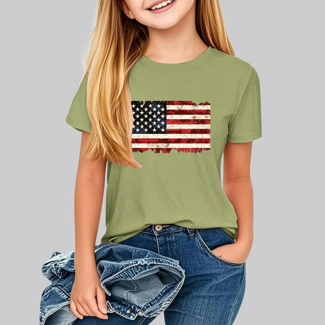 hengsof T-Shirt Imprimé Patriotique pour Filles à Thème Patriotique, Ample et Confortable, à Manches Courtes, Col Ras du Cou, Haut Convenant aux Enfants, Tailles 2-13 Ans