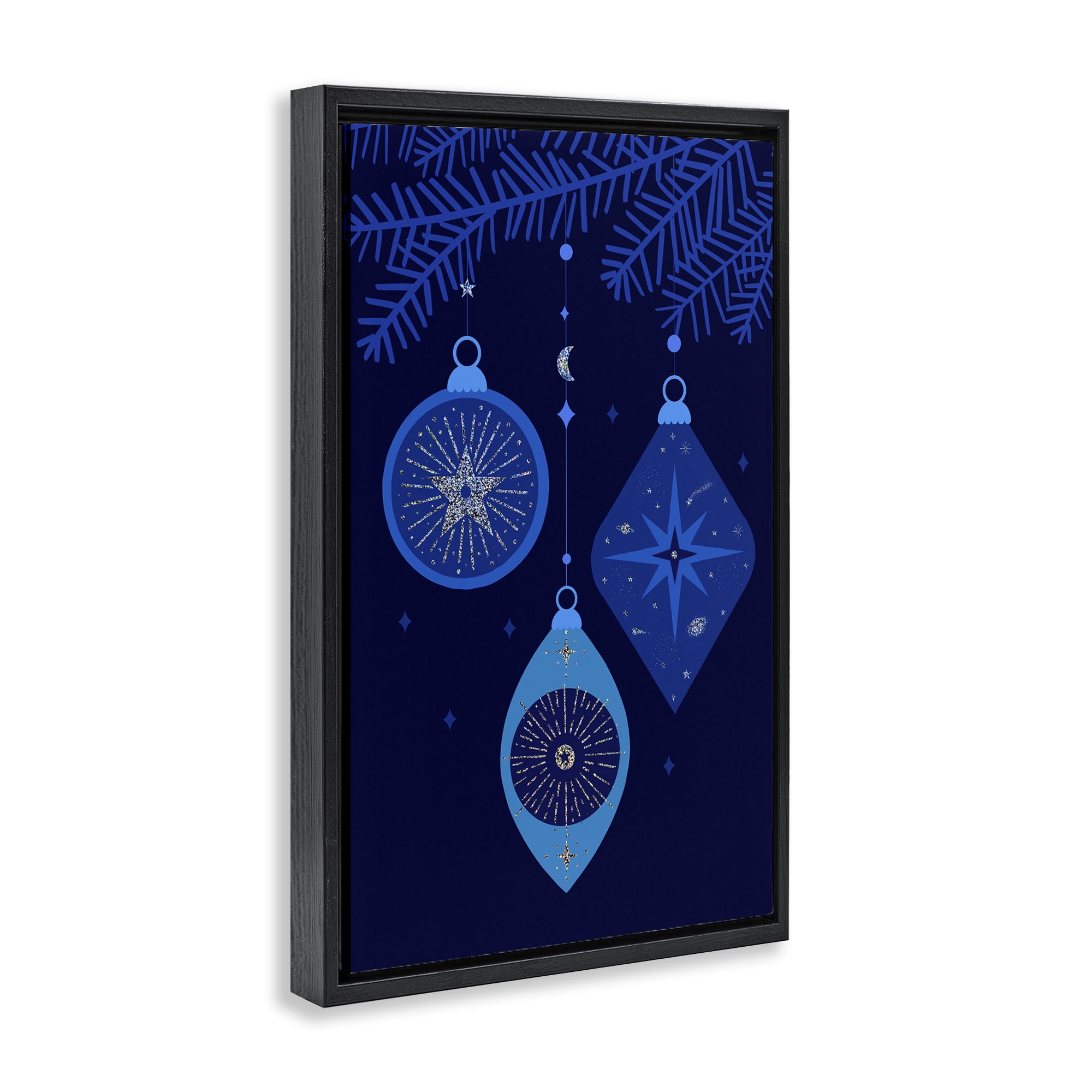 Stupell Industries Blue Hanging Ornaments Holiday Painting Black Floater Framed Art Print Wall Art, 21 x 31