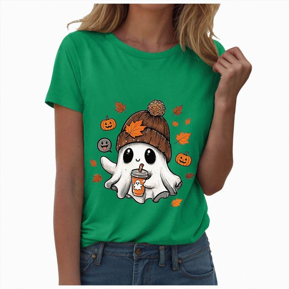 TOWED22 Womens Halloween Shirts Tshirts Spooky Season Ghost Vintage Graphic Tees Funny Crewneck Short Sleeve Tops(Green,XL)