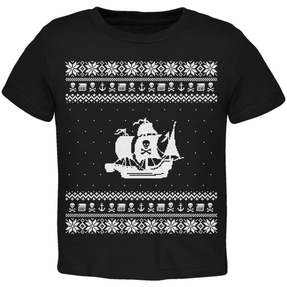 Pirate Ship Ugly Christmas Sweater Black Toddler T-Shirt - 3T