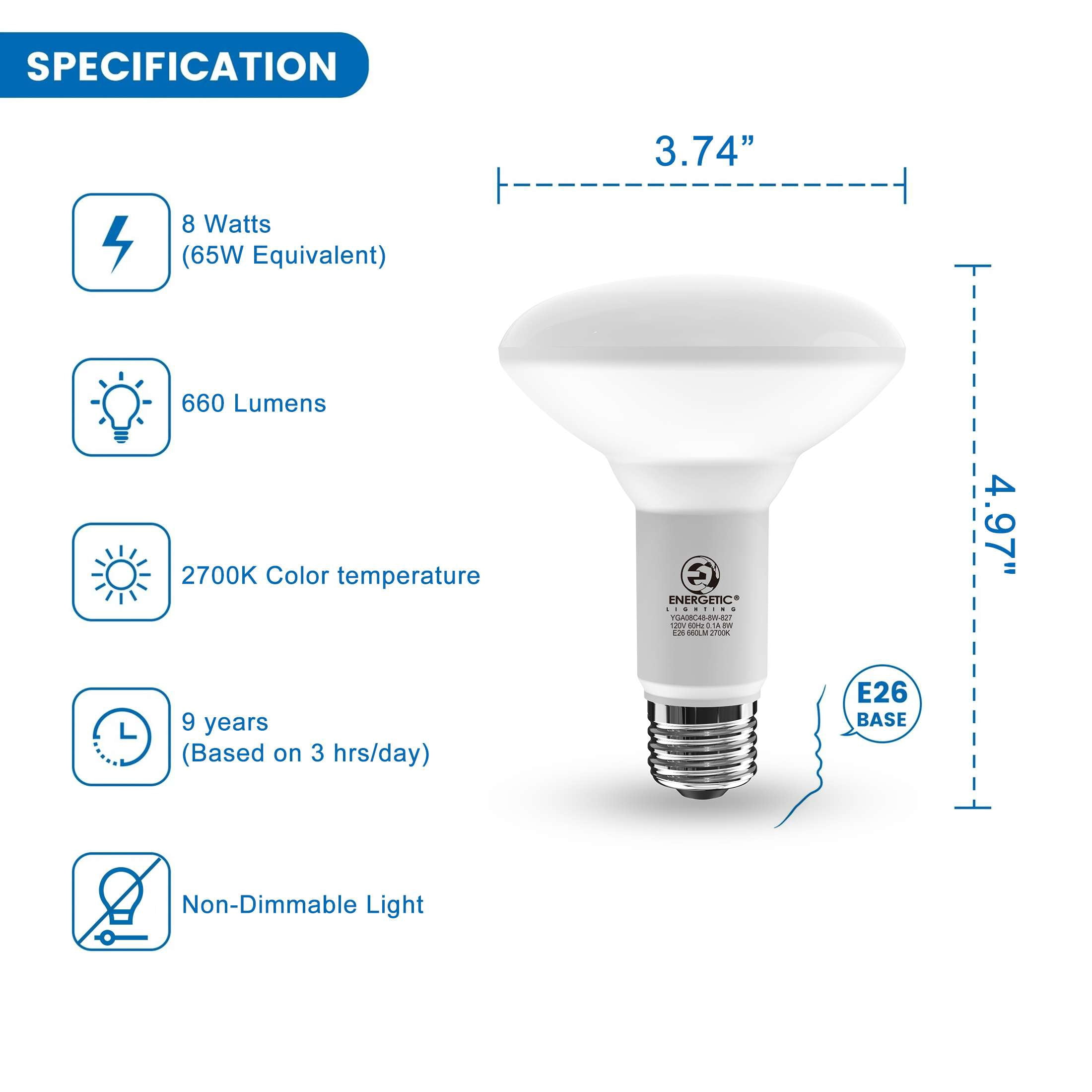 Energetic BR30 LED Flood Light Bulbs, 65W Equivalent, 2700K Soft White, Dimmable, E26 Base, 9-Year Life, 6-Pack