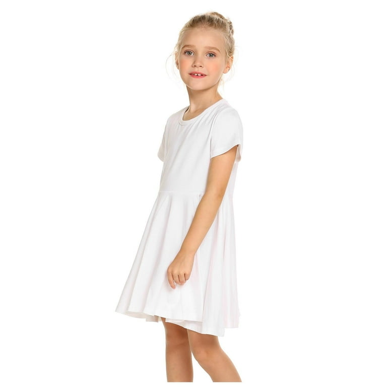 Oudiya Girls Dress Short Sleeve Solid Summer A Line Swing Twirl