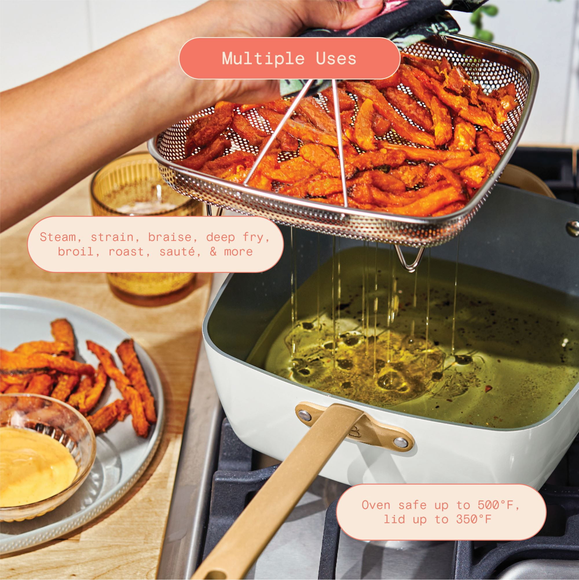 Beautiful by Drew Barrymore 4-Piece 4.5 qt Ceramic Non-Stick Square Pan Cookware Set, White Icing