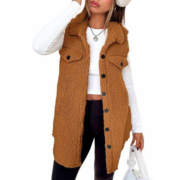 Women Sleeveless Fleece Vest Jacket Winter Cloting for Women Warm Button Down Coat Camel M