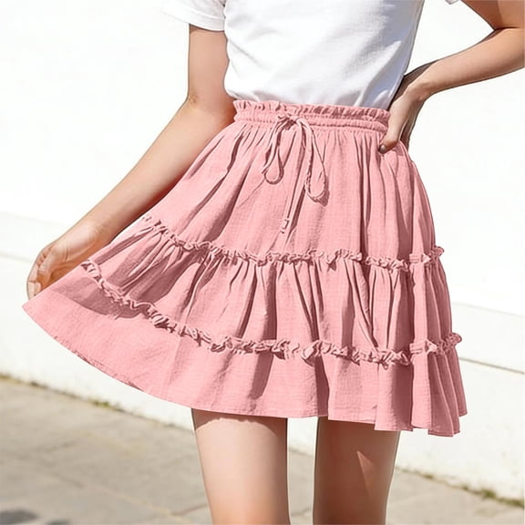 CBASIHI Girls Ruffle Tiered Cotton Skirts- Elastic Drawstring Waist Summer Casual Flowy A-Line Kids Pleatd Mini Skirts Pink Size 5-16 Years