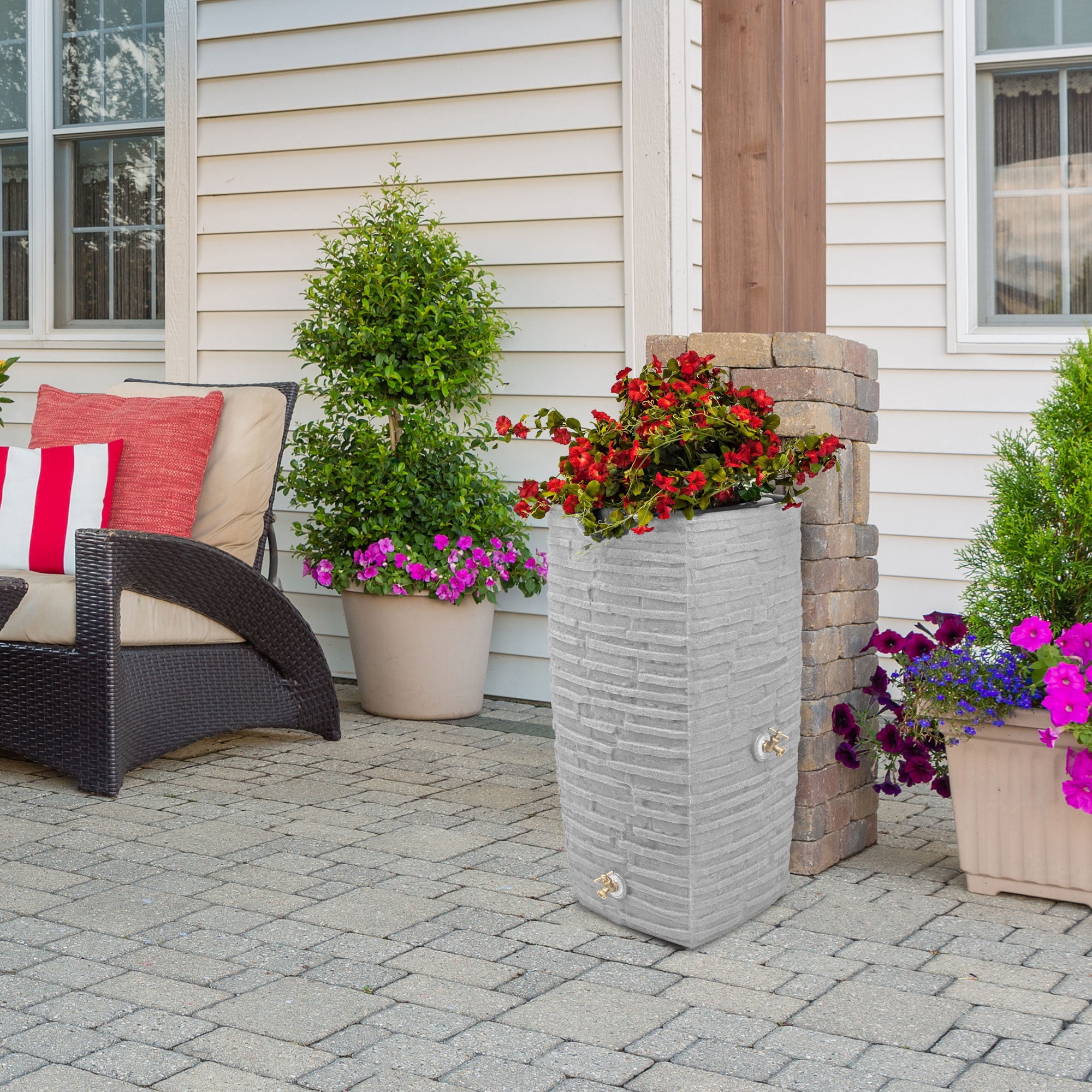 Good Ideas Impressions Riverwalk 50 Gal Rain Saver w/Spigots, Light Granite