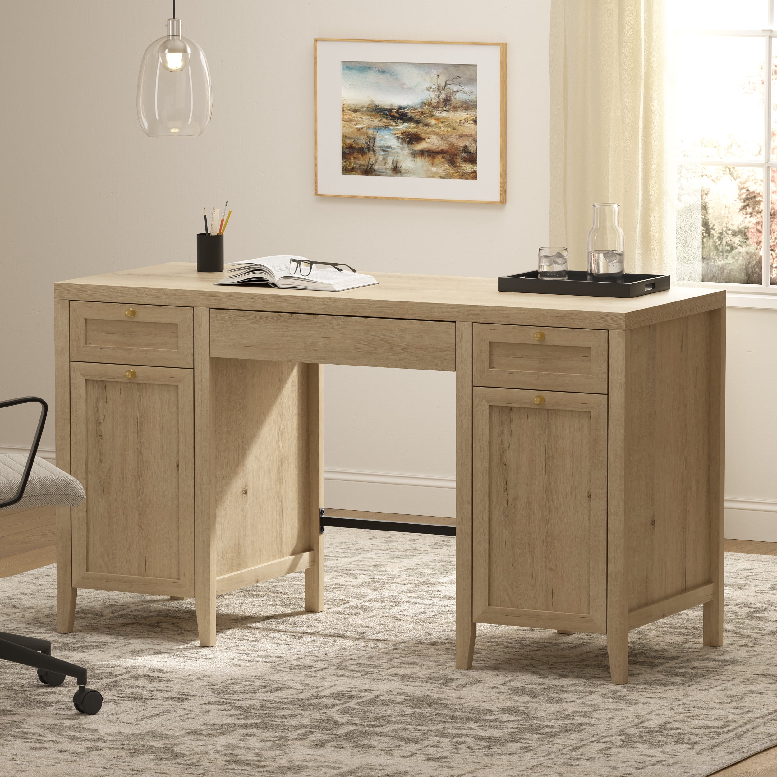EYYTHUNG 52" Large Executive Desk with Drawers, Farmhouse Wooden Home Office Desk with Storage Cabinet, Modern Computer Writing Desk for Work Study, Workspace, Light Oak