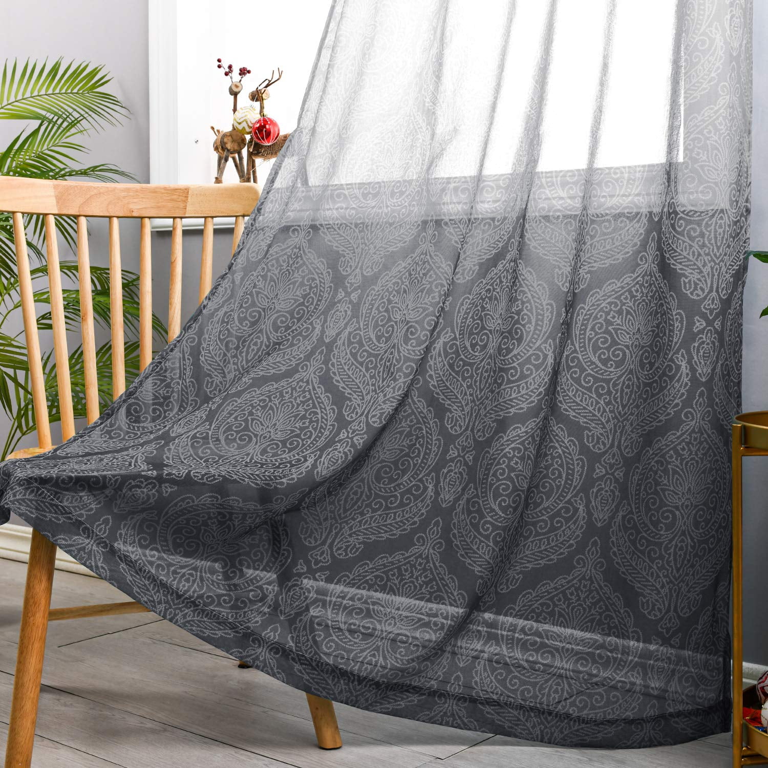 JIUZHEN Grey Damask Ombre Semi Sheer Curtains for Living Room - Faux Linen Gradient Grommet Voile Curtains for Bedroom, 2 Window Curtain Panels, 52 x 84 inches Long