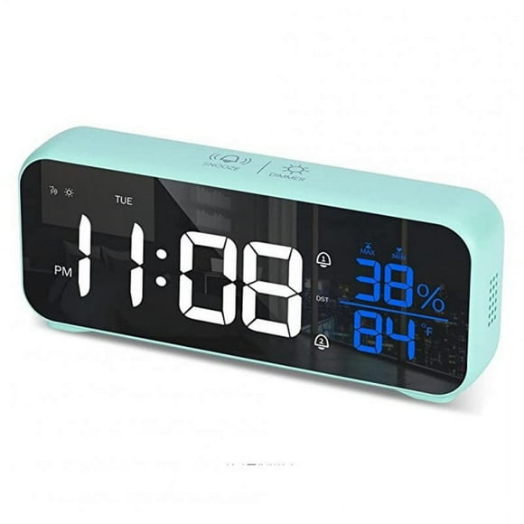 Led Digital Alarm Clock 12 24 Hour Adjustable Volume Brightness Mirror Clocks for Bedroom Home Office Green