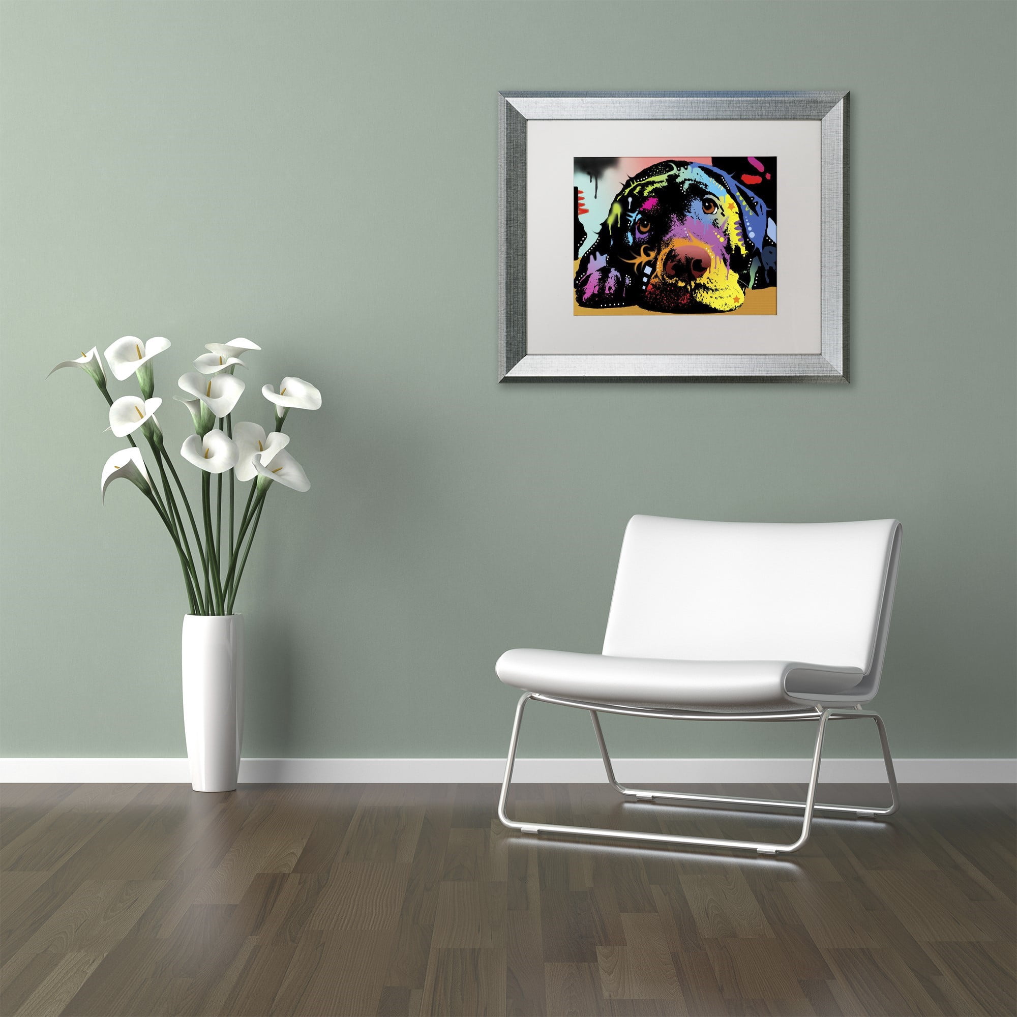 Trademark Fine Art "Lying Lab" Canvas Art by Dean Russo, White Matte, Silver Frame