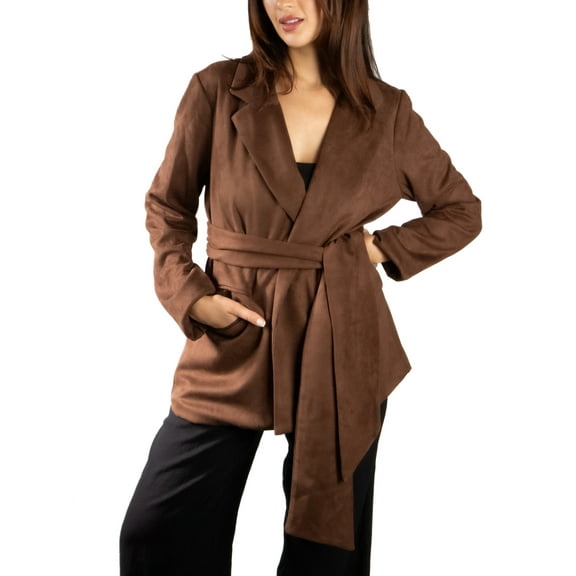 Jess by Meiko Women's Faux Suede Jackets Long Sleeves Notched Lapel Wear-to-Work Wrap Belt Blazer XS Brown