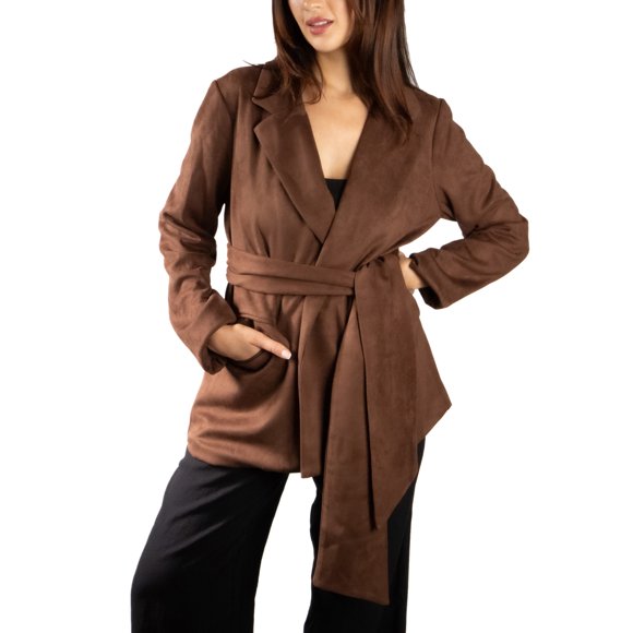 Jess by Meiko Chaquetas de Ante Sintético para Mujeres, de Manga Larga, con Solapa, Blazer con Cinturón para el Trabajo, Talla XS, Color Marrón