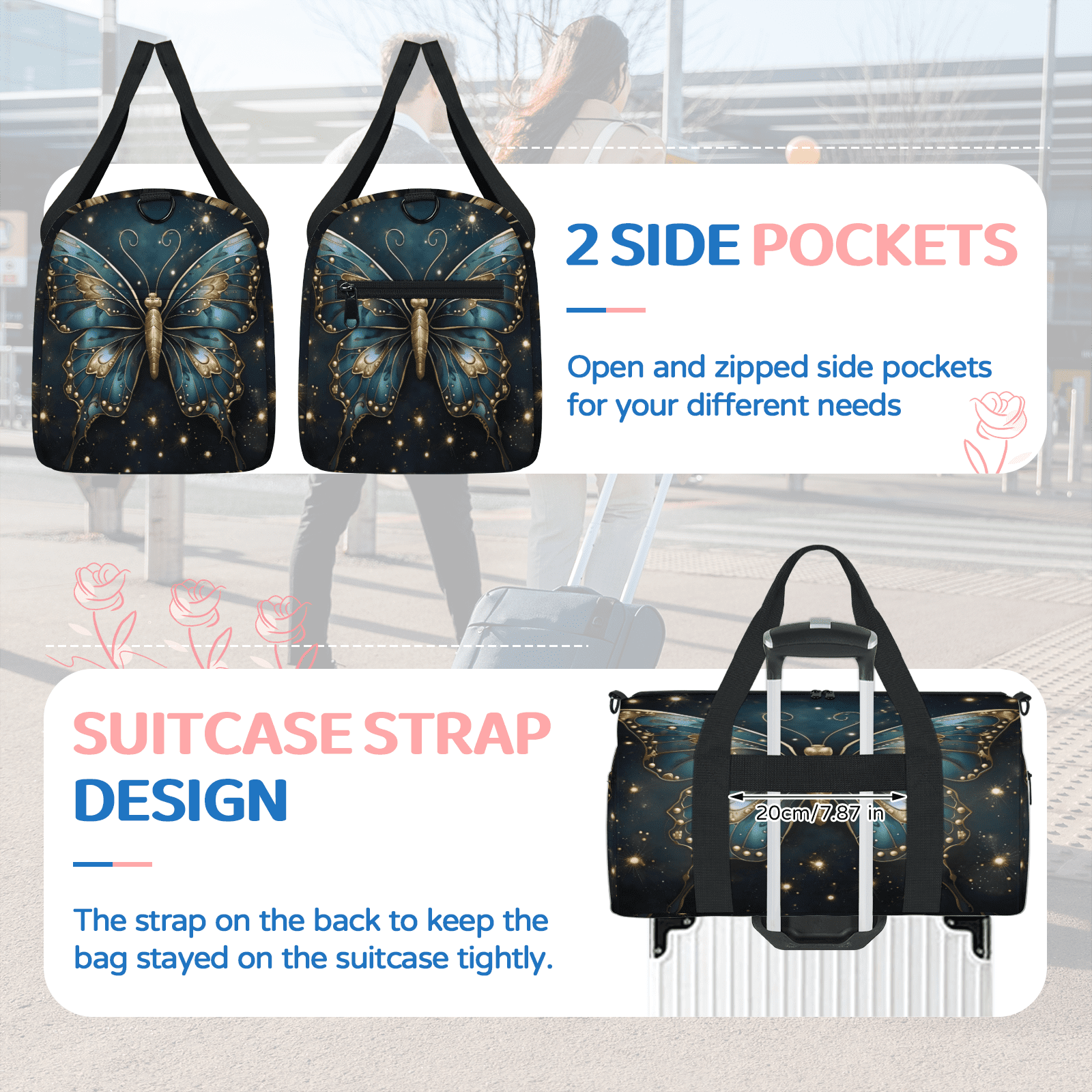 Herdesigns Boho Butterfly Travel Duffle Bag Sports Yoga Weekender Overnight Carry on Workout Bags Lightweight Waterproof Gym Tote Bag for Women