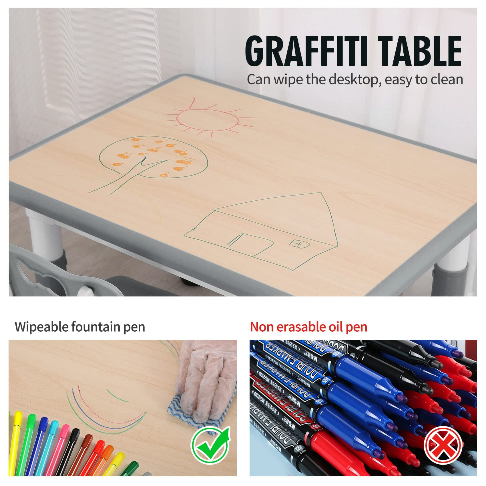 UNICOO® Kids Table and 2 Chairs Set, Height Adjustable Toddler Table and Chair Set, Easy to Wipe Arts & Crafts Table, Suitable for Ages 2-8, Childrens Table and Chair Set (BY-60-MGY)