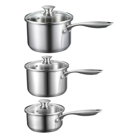 KFFKFF Stainless Steel Saucepan Set, 1 QT,2QT, and 3 QT Pots with Glass Lids, Versatile Nonstick Stainless Steel Cookware with Comfortable Handle, Suitable for Oven, Dishwasher, and Induction Cooking
