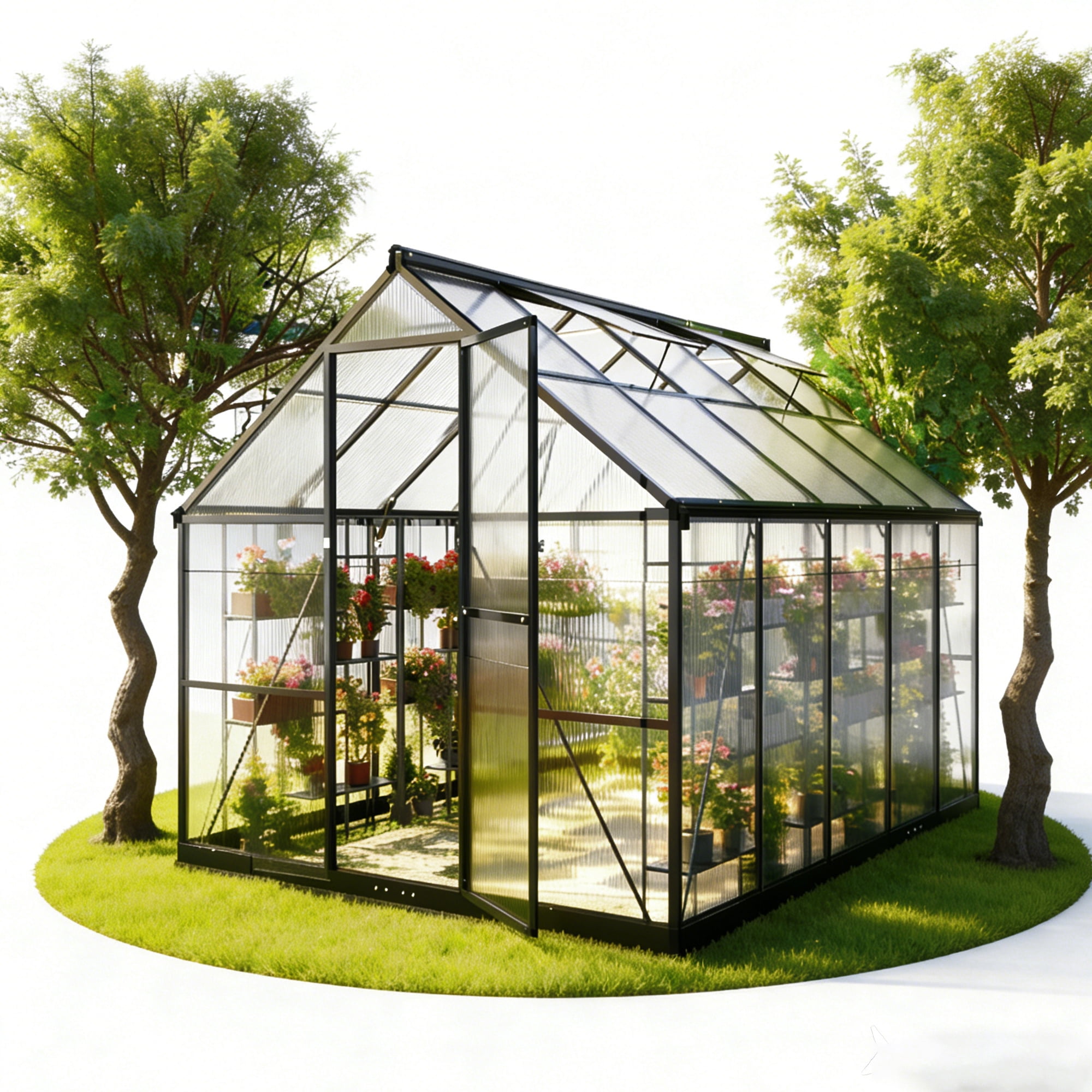 PABIMIA 8x10 FT Polycarbonate Outdoor Greenhouse, Aluminum Walk-in Greenhouse with Roof Vent, Black
