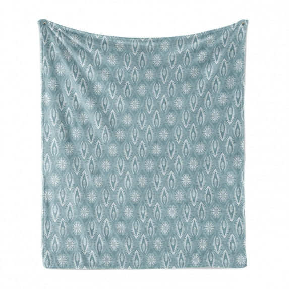 Abstract Soft Flannel Fleece Throw Blanket, Floral Patterns in Japanese Style Symmetrical Snowflake Motifs, Cozy Plush for Indoor and Outdoor Use, 70" x 90", Pale Teal Cadet Blue, by Ambesonne