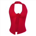 thumbnail image 1 of Top de Punto Acanalado con Estampado Floral 3D y Cuello Halter para Mujer, Estilo Y2K, Sin Mangas, Espalda Descubierta, Abertura Frontal, Ajustado, Chaleco Tipo Suéter. Rojo M, 1 of 10